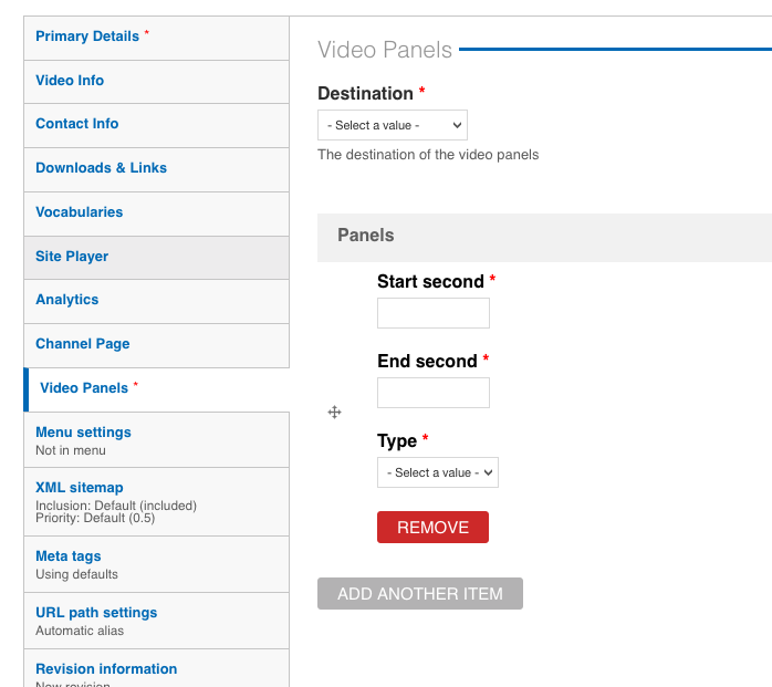 Video Panels tab
