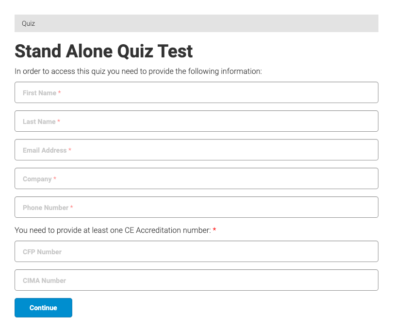 Standalone Quiz Registration Form
